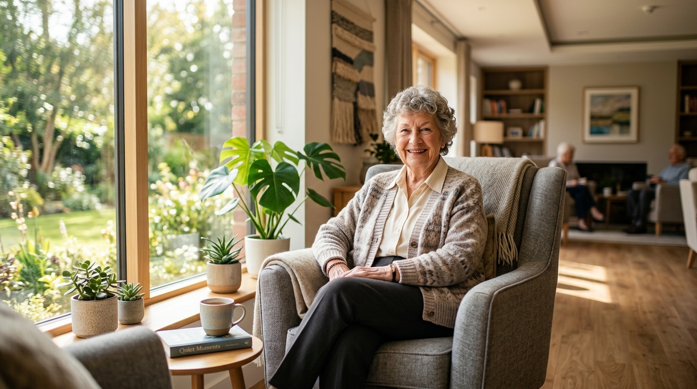 A senior resident relaxing in a bright, welcoming lounge at Molly Ryan Care
